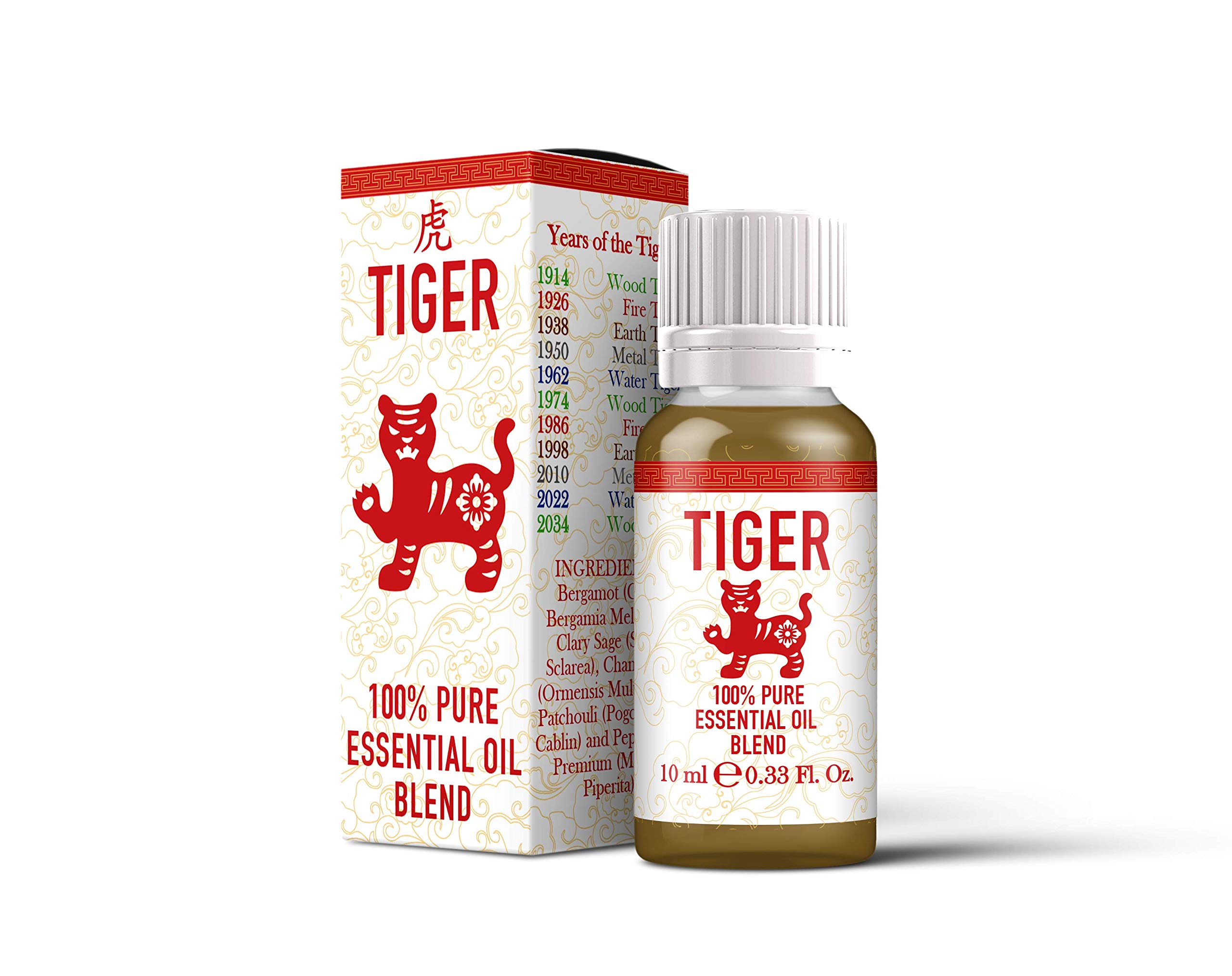 Mystix London | Tiger Chinese Zodiac Essential Oil Blend 10ml | 100% Pure & Natural | Aromatherapy for Strength & Charisma | Bergamot, Clary Sage, Chamomile, Patchouli, Peppermint | Vegan, GMO Free
