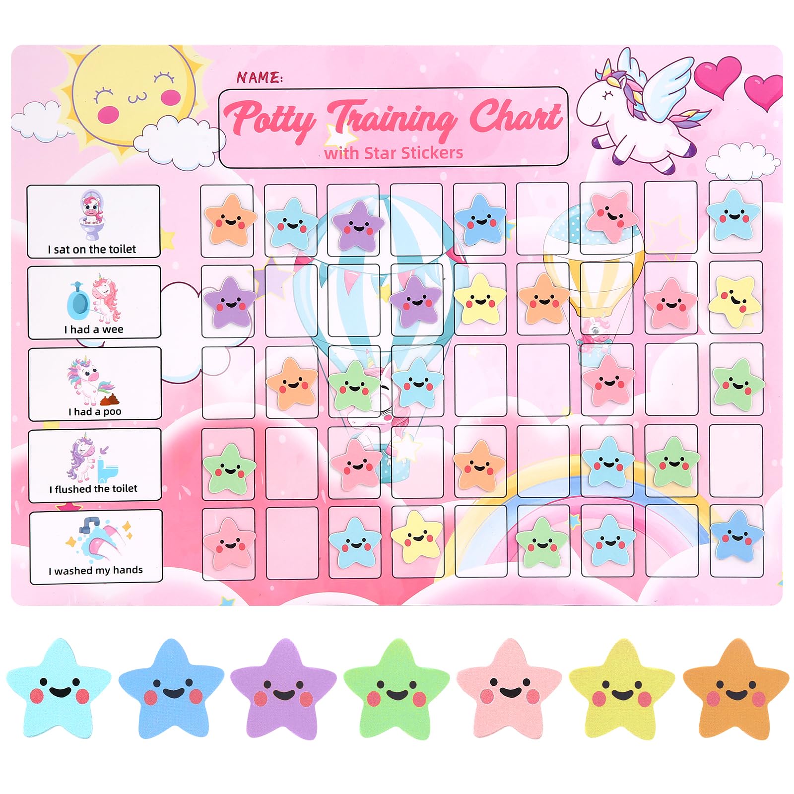 Potty Training Chart for Toddlers with 63 Reusable Magnetic Star Stickers, Interactive Reward Chart for Toilet Training (Unicorn)