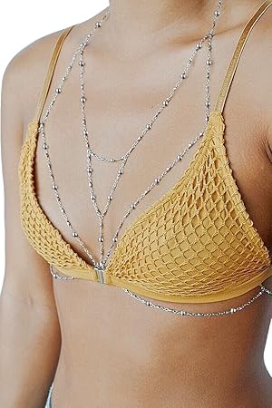 Butterme Damen Sexy Layered Crossover Harness Beach Halter Body Chain Bikini BH Halskette Schmuck (Silber)