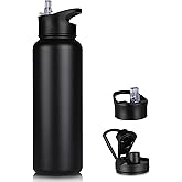 VQRRCKI 40 oz Insulated Water Bottle with Straw, Stainless Steel Sports Water Bottles with 2 Lids (Straw and Wide Mouth lid), Double Wall Vacuum, Leakproof, BPA-Free, Black