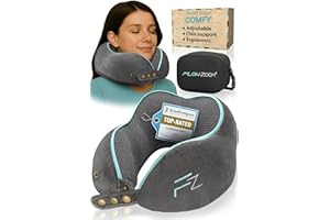 FLOWZOOM Memory Foam Travel Pillow for Airplanes & Car Rides - Adjustable Airplane Pillow with 360° Chin and Neck Support for Comfy Naps, Extra-Soft Washable Neck Pillow Cover, Squeezy Mesh Bag - Grey