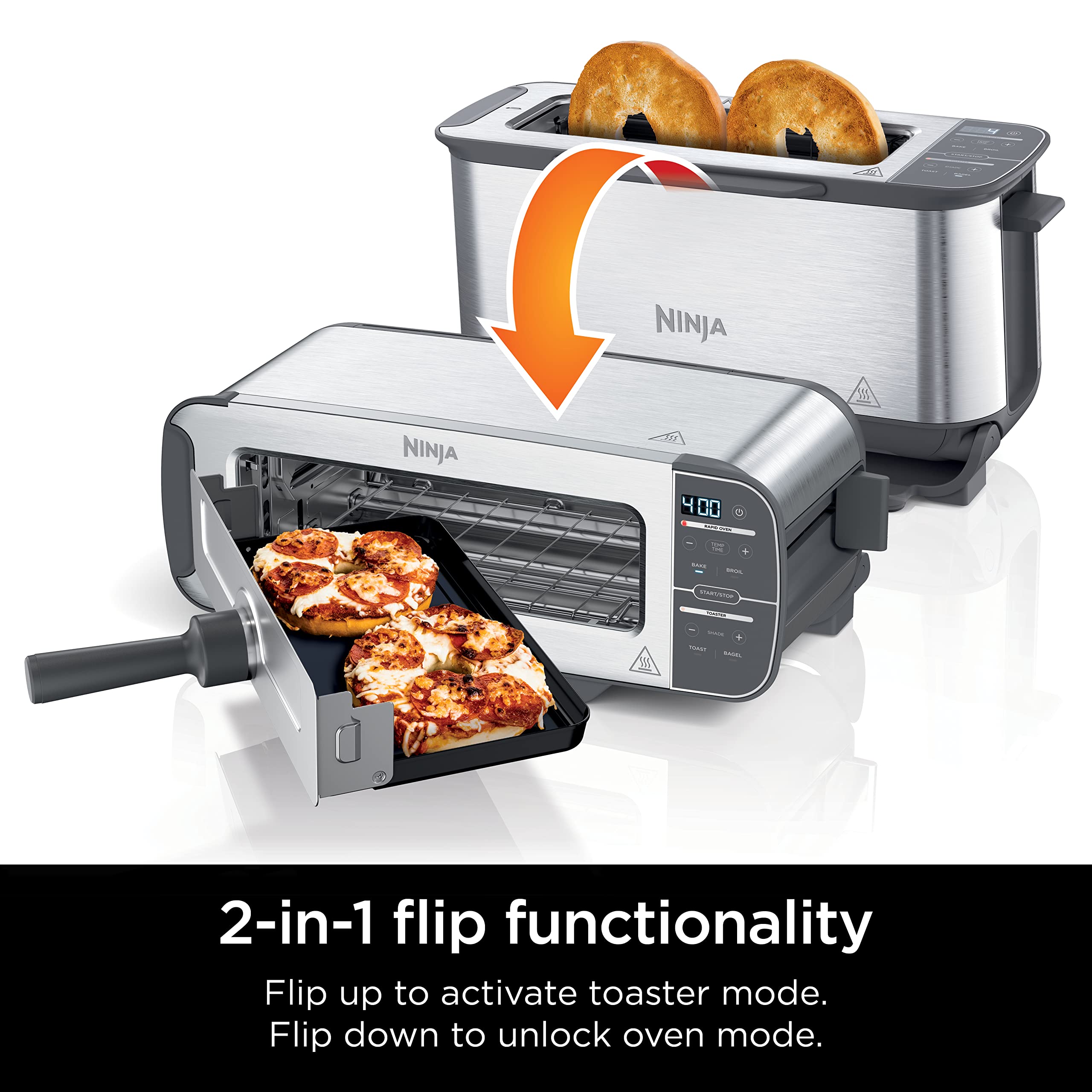 Ninja ST100 Foodi 2-in-1 Flip Toaster, 2-Slice Capacity, Compact Toaster Oven, Snack Maker, 1500 Watts, Stainless Steel