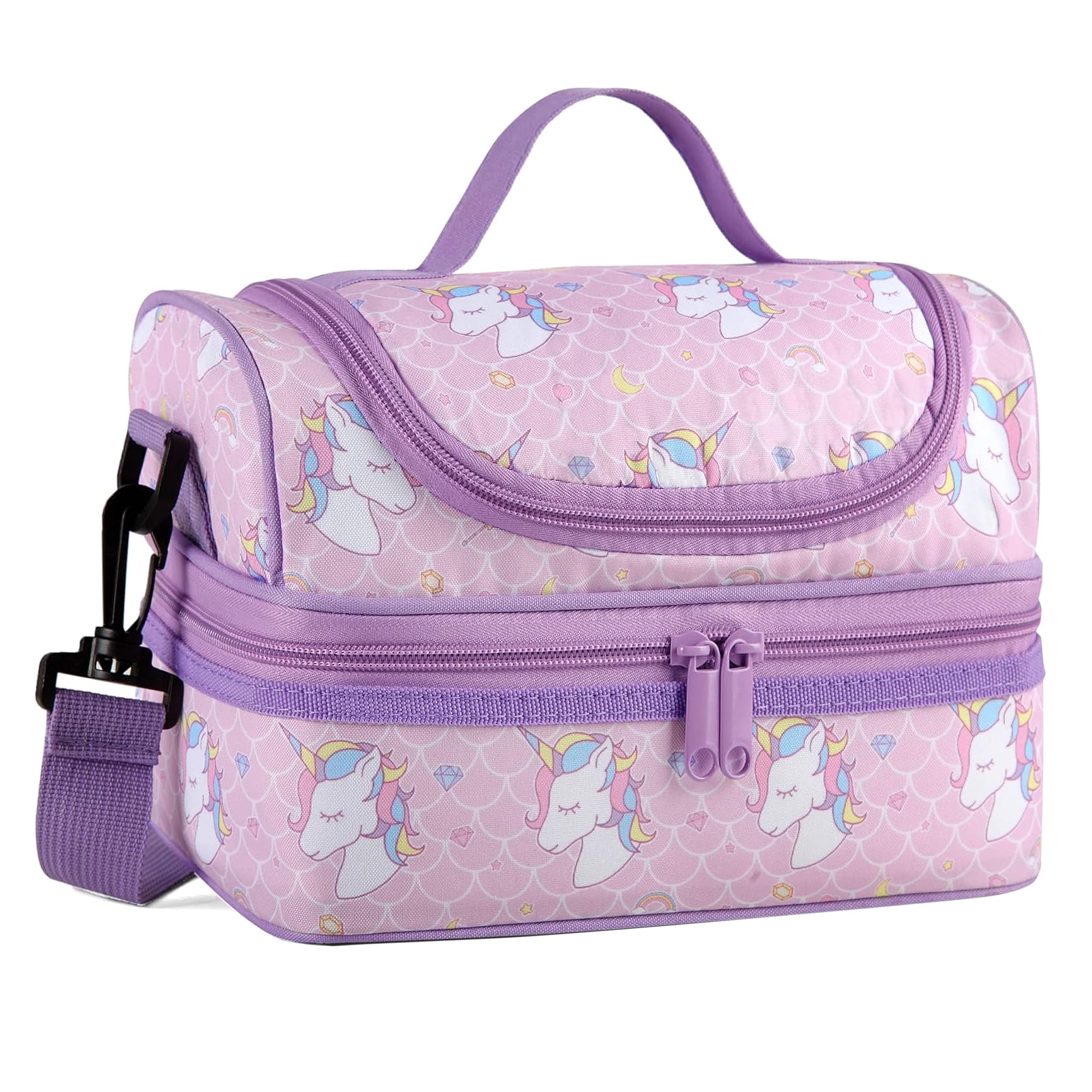 Kasgo Lunch Bag for Girls, Insulated Toddler Lunch Box Bag Thermal Kids Dual Compartment Lunch Tote Cooler Bag with Adjustable Shoulder Strap for School Picnic, Purple Unicorn