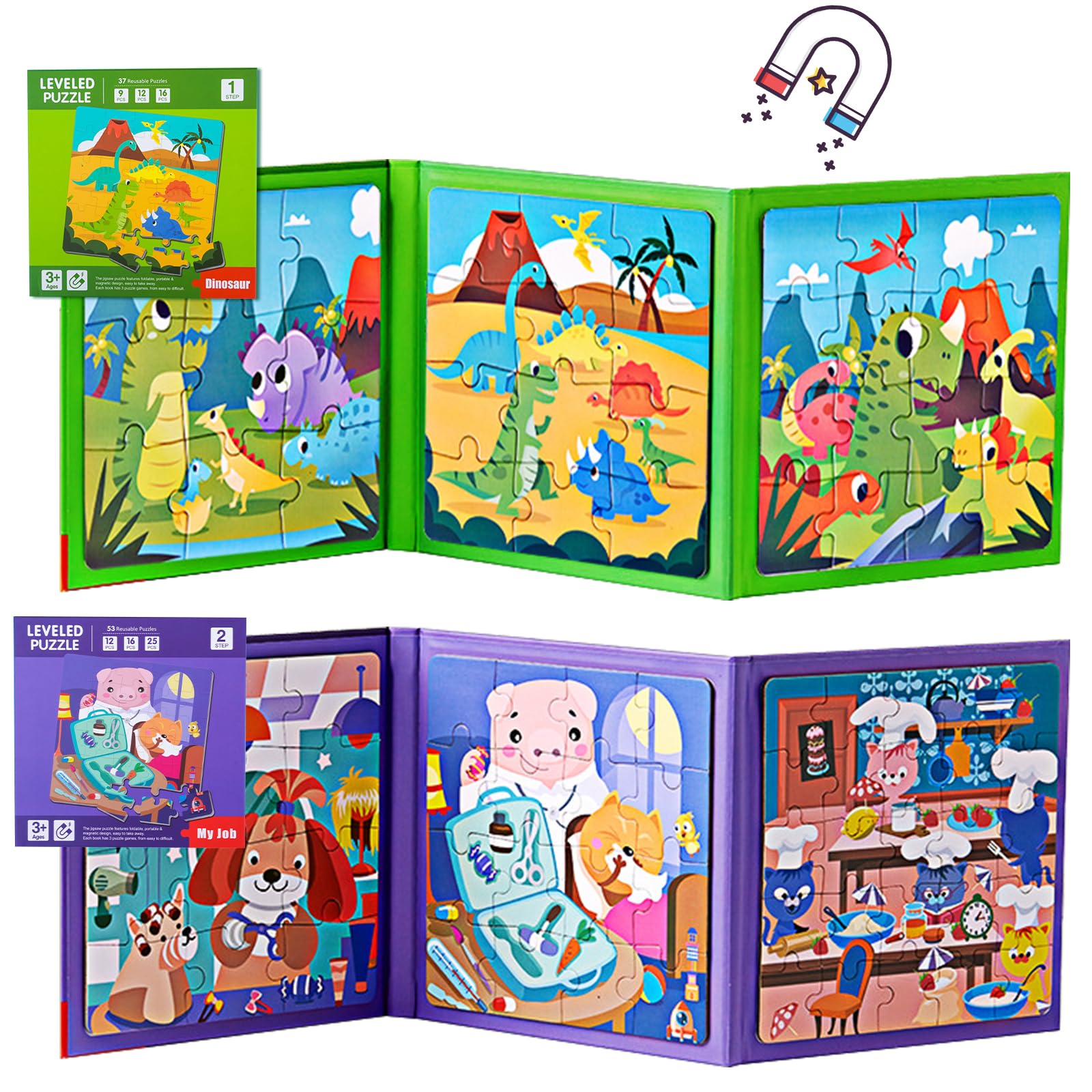 shineFinder 90 Pieces Magnetic Game Puzzle – Travel Games Children from 3 4 5 Years – for Employment on Airplane/Car Driving Children (2 Pieces, Dinosaur + Profession)