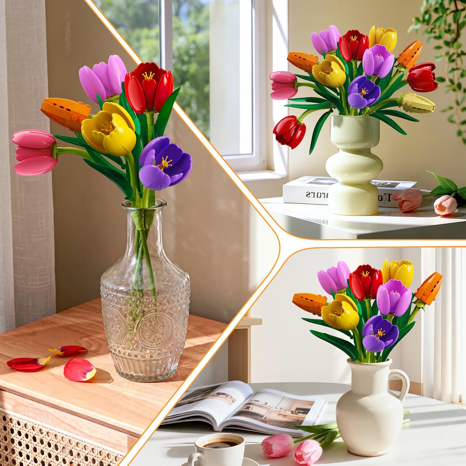 CUBIMANA Blumenstrauß Bausatz mit Vase, 768 Teile Tulpen Blumen Set für Erwachsene, Künstliche Botanicals Bonsai Bausteine für Home Deko, Valentinstag Geburtstag Geschenk für Frauen Mutter Mädchen 12+ 7