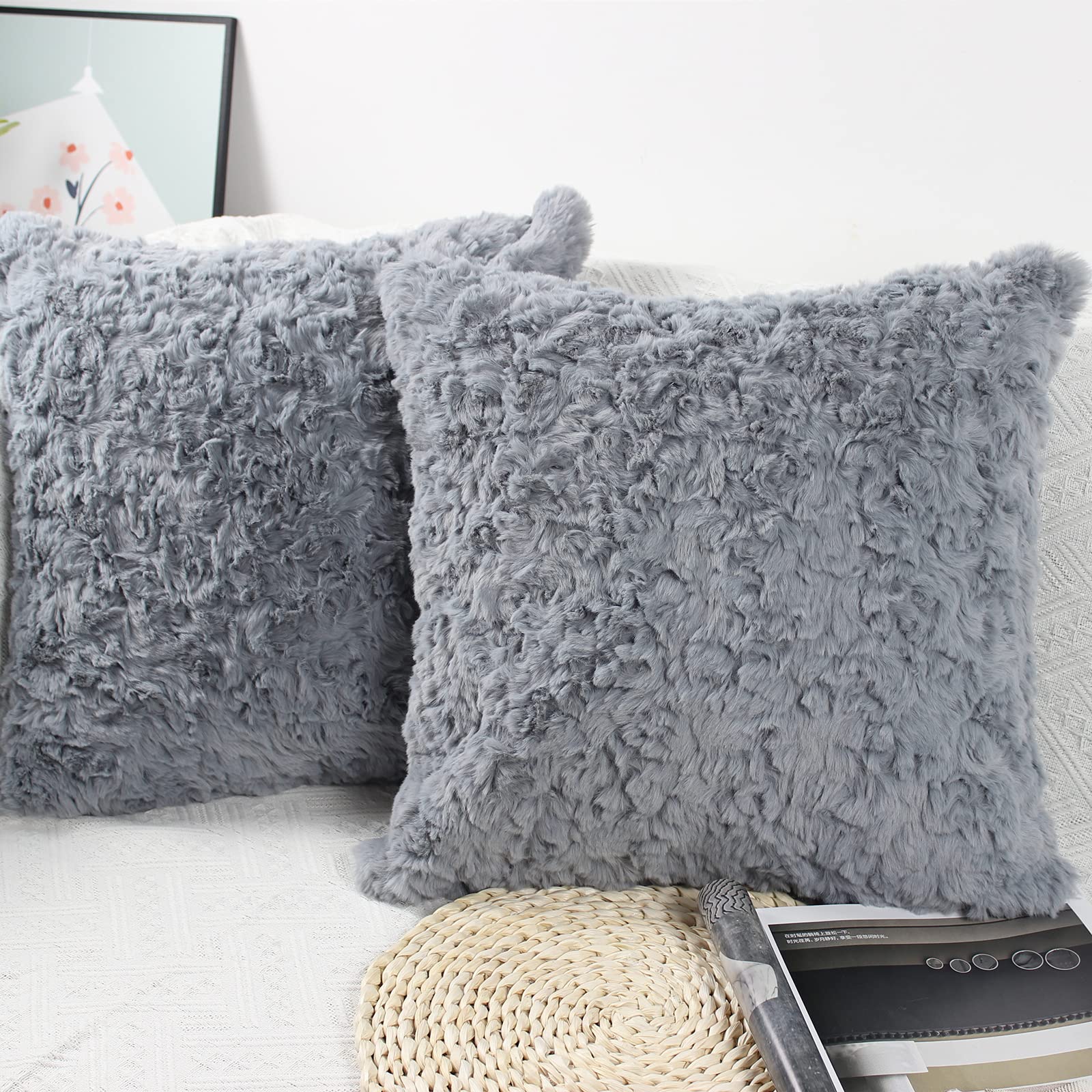 NIULAA Set of 2 Faux Fur Cushion Covers 50x50 cm Grey Decorative Pillow Covers 20x20 Inches Soft Fluffy Plush Decorative Cushion Cover for Sofa Bedroom Pillow Shell