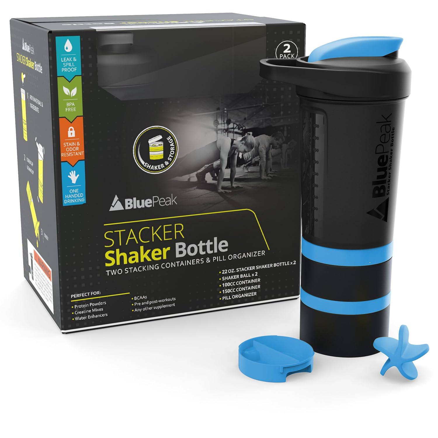 BluePeak Stacker Protein Shaker Bottle 22-Ounce, 2-Pack ProStak. Attachable Storage Containers (100 & 150cc) and Pill Tray Included. BPA Free