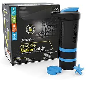 BluePeak Stacker Protein Shaker Bottle 22-Ounce, 2-Pack ProStak. Attachable Storage Containers (100 & 150cc) and Pill Tray Included. BPA Free