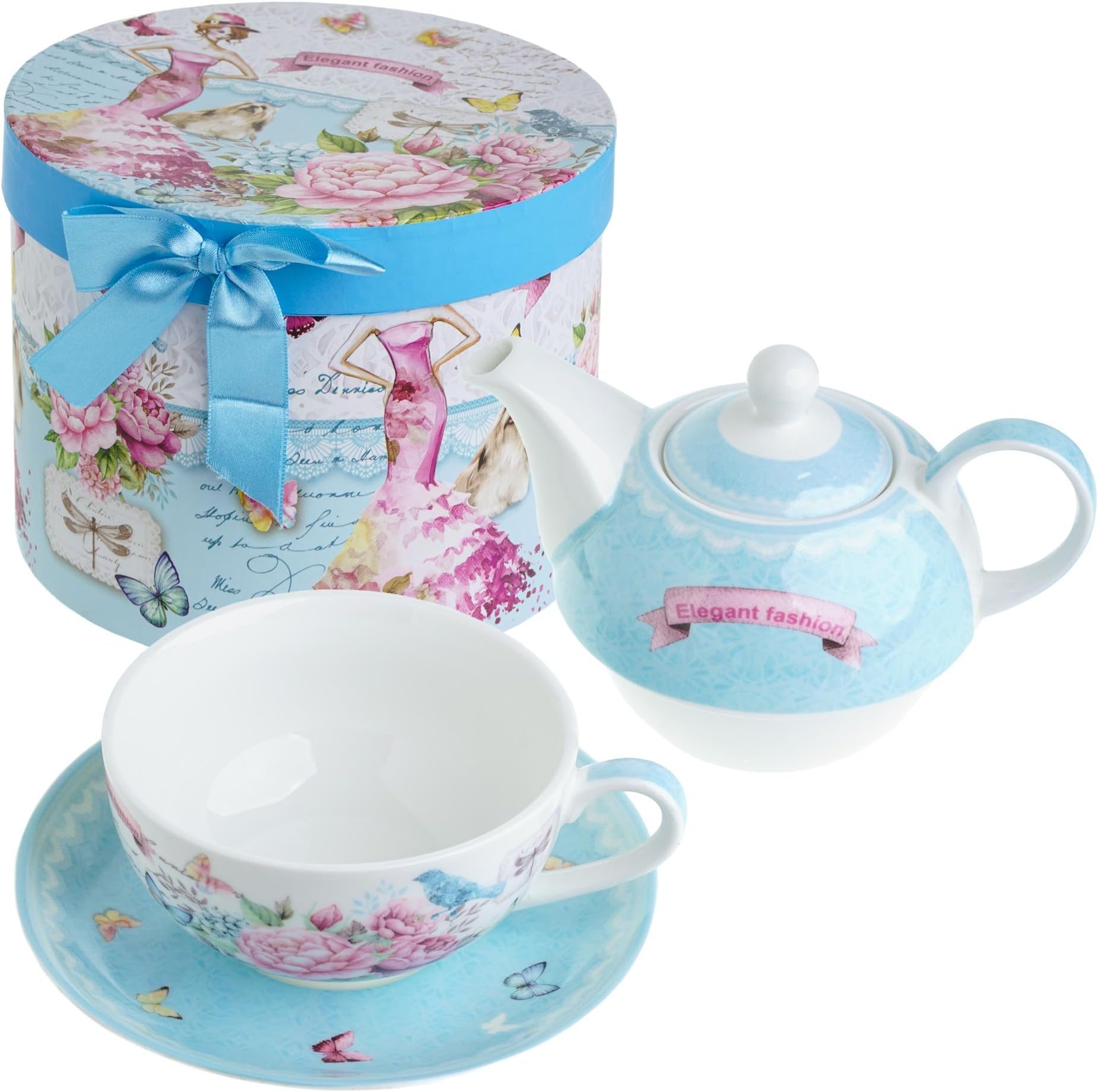Tea for One Teapot and Cup Saucer Porcelain Elegant Fashion Blue in Gift Box (3188-4085A)
