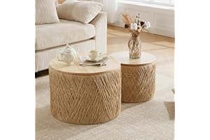 Kmax 24" Round Wood Nesting Coffee Table Set of 2 Handcraft Woven & Rope Rattan Sofa Tables Both with Storage Drum End Side Table for Small Space Living Room No Assembly Needed, Natural Color