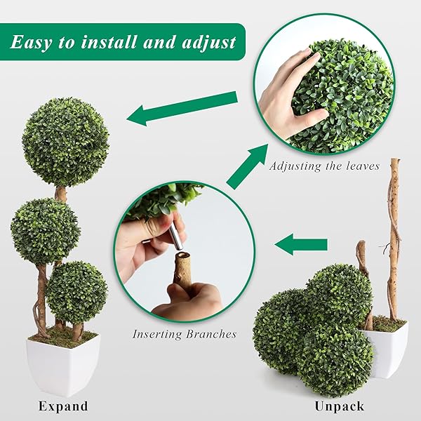 DAMOMO ARTIFICIAL BOXWOOD BALL TOPIARIES TREES, OUTDOOR 3FT FAKE TOPIARY TRIPLE BALL BOXWOOD TREE 2 PACKS, FAUX SHRUBS GREEN PLANTS DETACHABLE SPHERE POTTED DECOR INDOOR PORCH OR GARDEN（35INCH）