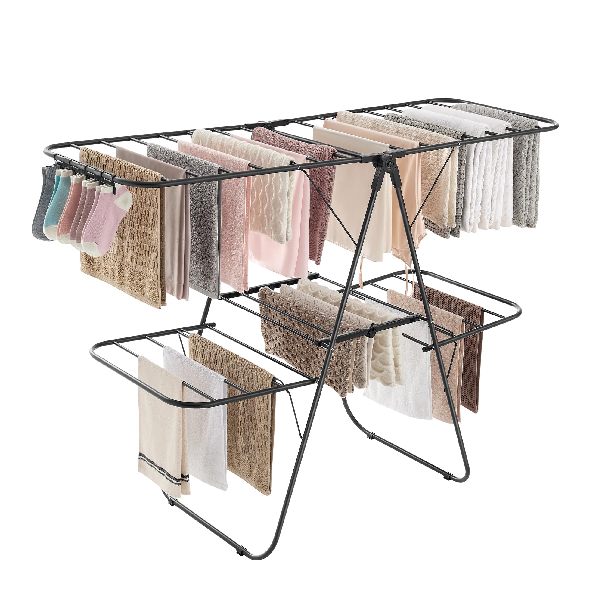 SONGMICS Clothes Drying Rack, Foldable 2-Level Laundry Drying Rack, Free-Standing Laundry Airer, with Height-Adjustable Wings, 33 Drying Rails, Sock Clips, Black ULLR053B01V1 Image