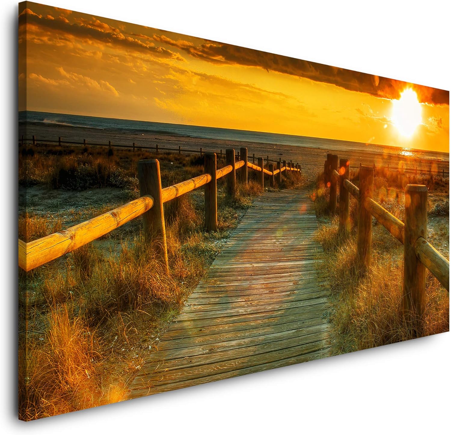 Tableau Sinus Art – Motif Plage, Coucher De Soleil Et Palmier (toile Lin, 120x80 Cm, Neuf)