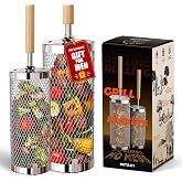Basinel Rolling Grill Basket, Grilling Accessories 2 Pack, Gifts for Men | 304 Stainless Steel, Removable Wooden Handle, BBQ Grill for Vegetable, Outdoor Cooking, Birthday Gifts for Men Dad Husband