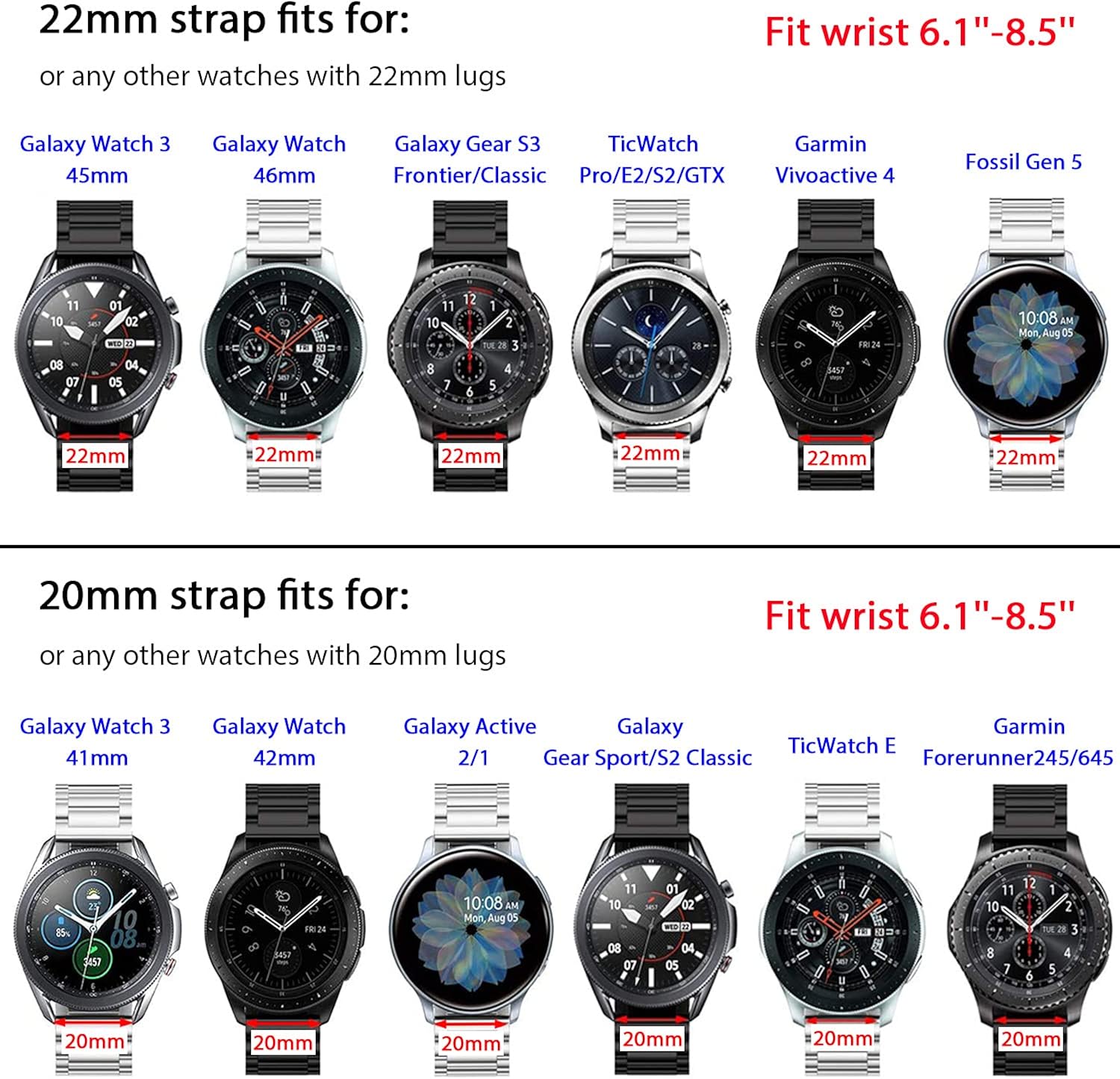 JNCVXN Compatible with Galaxy Watch 40mm 41mm 42mm 44mm 45mm 46mm Smartwatch Bands, 20mm/22mm Metal Strap Replacement Wristband for Samsung Galaxy Watch 3/Active 2/Gear Sport/Gear S3 Frontier/Classic: Clothing