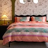 Wake In Cloud - Boho Comforter Set, Bohemian Chic Colorful Medallion Style for Eclectic Decor, Soft Lightweight Bedding, 3 Pieces, Coral Green, King Size
