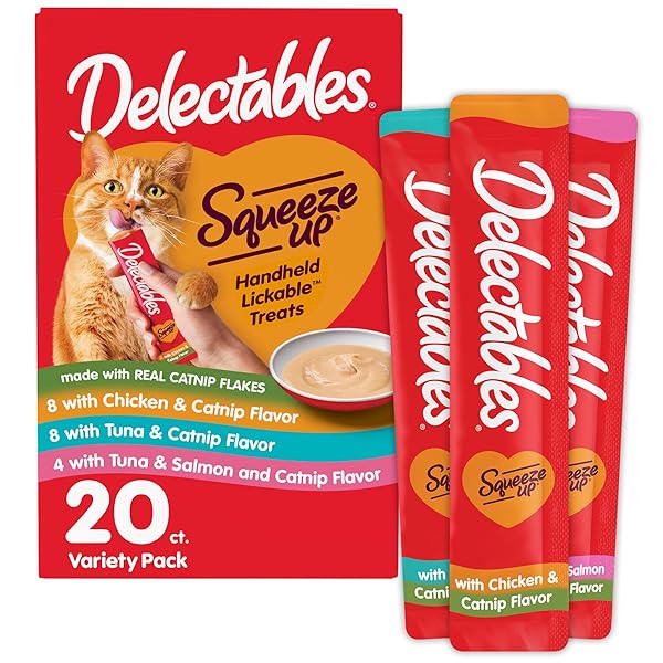DELECTABLES SQUEEZE UP CATNIP VARIETY PACK, CREAMY SQUEEZABLE PUREE, LICKABLE WET CAT TREATS, GRAIN FREE, NO ADDED FILLERS, NO BY-PRODUCTS, NO ADDED PRESERVATIVES, 0.5 OUNCES TUBE, 20 TUBES TOTAL