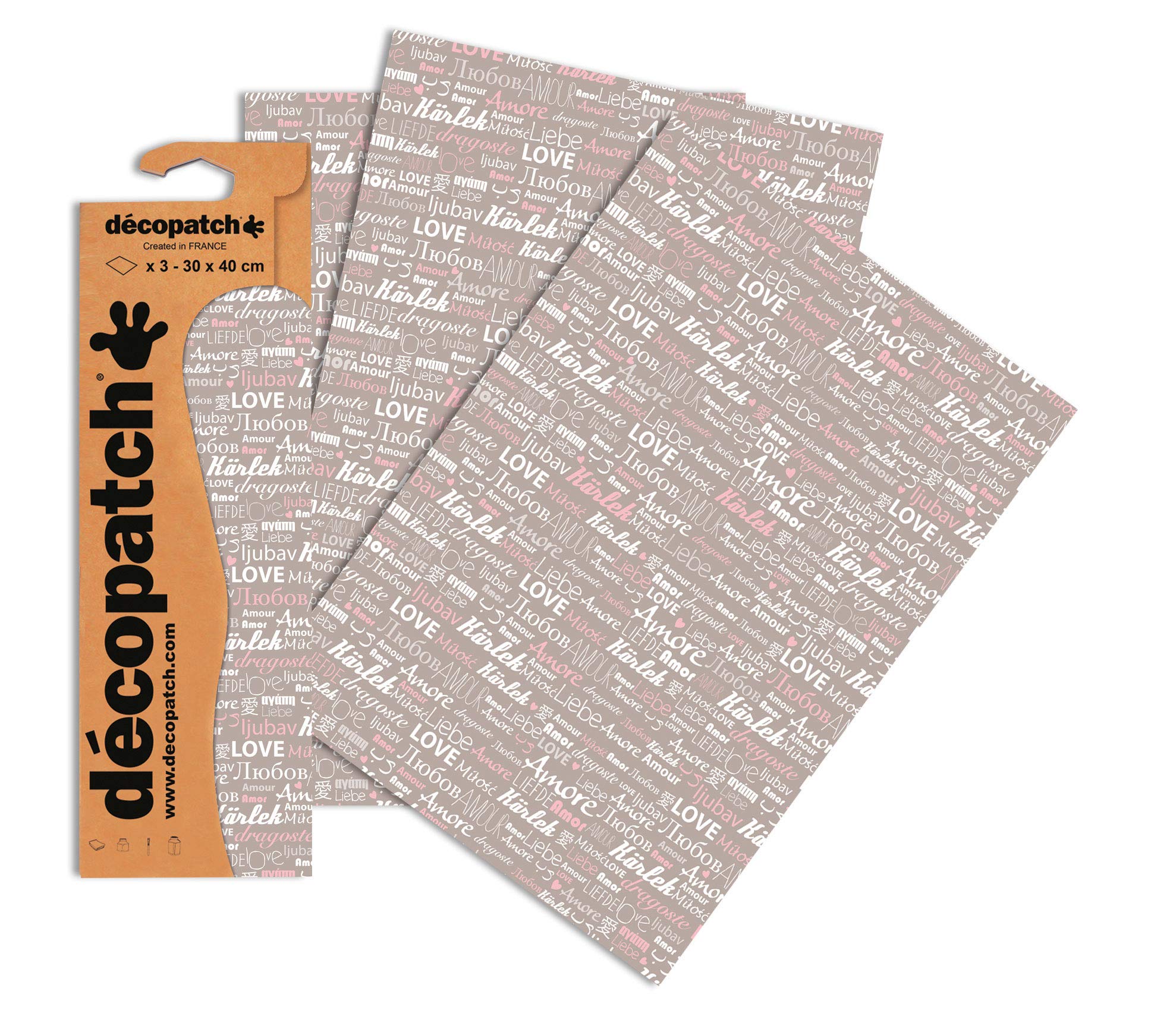 Décopatch Love Translated Paper,30x40cm (Pack of 3 sheets)