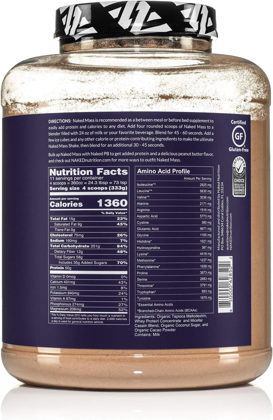 Chocolate Naked Mass - All Natural Weight Gainer Protein Powder - 8lb Bulk, GMO Free, Gluten Free & Soy Free. No Artificial Ingredients - 1,360 Calories - 11 Servings: Health & Personal Care