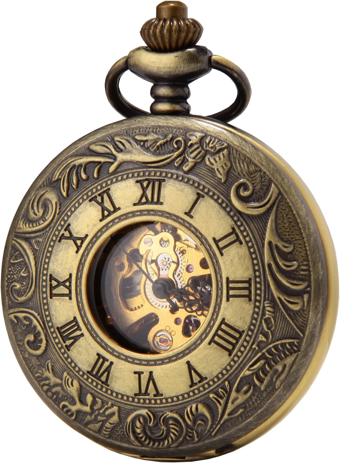 SEWOR Business Double Open Skeleton Pocket Watch with Chain, Mechanical Hand Wind Movement Full Hunter Gift