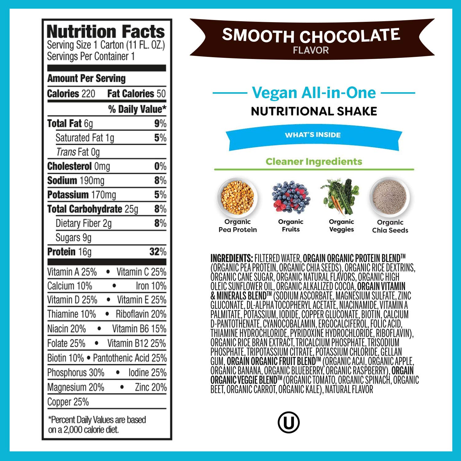Orgain Organic Vegan Plant Based Nutritional Shake, Smooth Chocolate - Meal Replacement, 16g Protein, 21 Vitamins & Minerals, Dairy Free, Gluten Free, 11 Ounce, 12 Count (Packaging May Vary) : Grocery & Gourmet Food