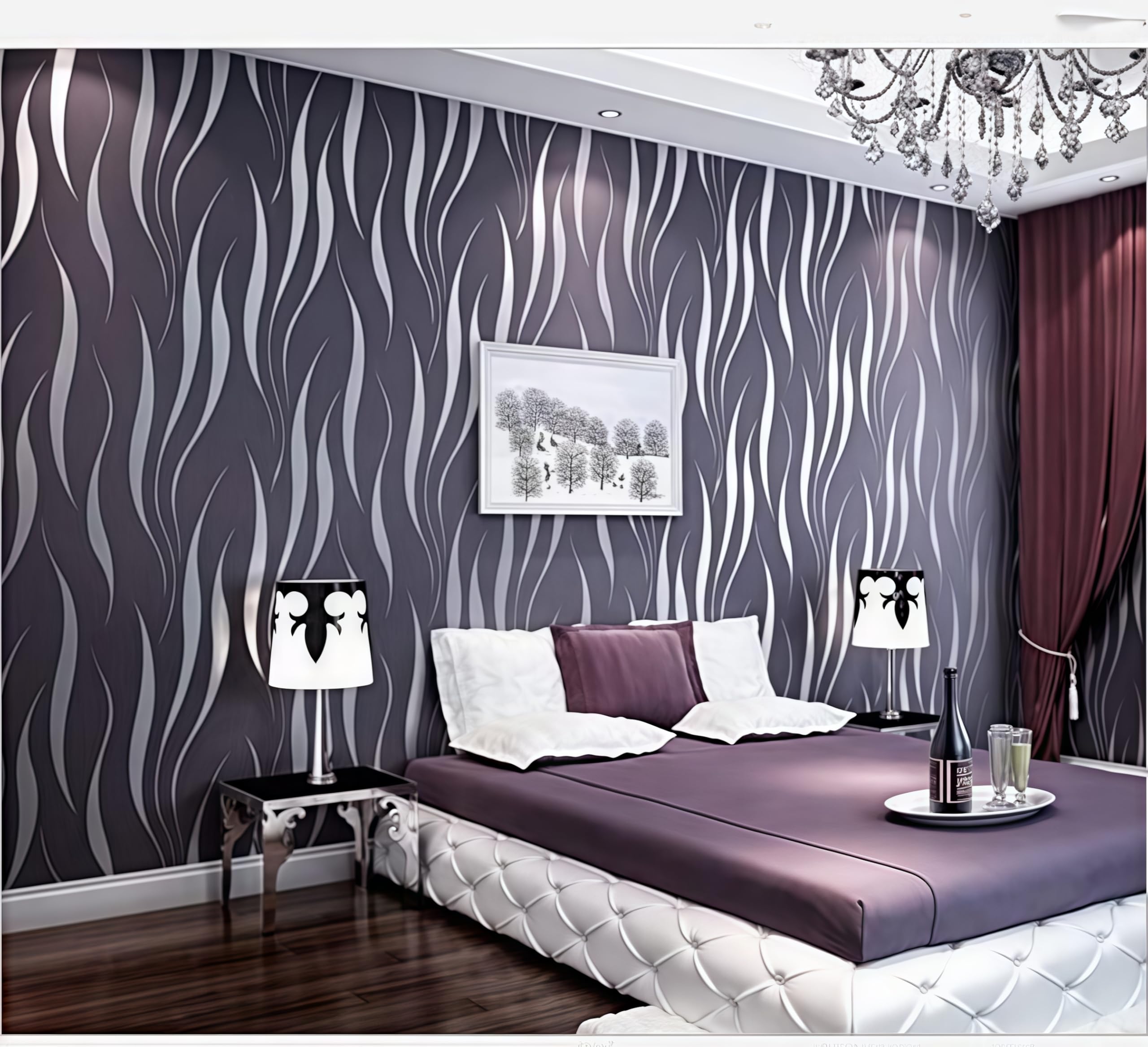 Mwpqbd Premium Plant Fiber + Extracted Silk Wallpaper Fashionable Atmospheric Wavy Stripes 3D Stereoscopic Fenced Wallpaper (Gray Purple 35913)