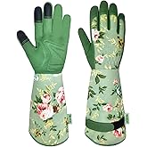 WANCHI Gardening Gloves, Durable and Comfortable Women's Long Garden Gloves for Gardening Work and Yard Work, Leather Gardening Gloves for Women, Green Print (Medium)