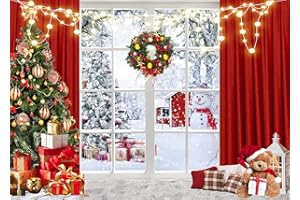DUDAACVT Christmas Window Backdrop 7x5ft Red Curtain Photography Backdrop Winter Xmas Party Banner Decorations Background Xmas Holiday Party Photo Booth D649