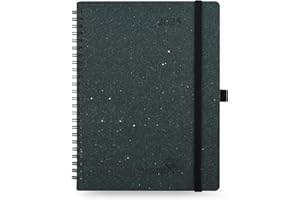 POPRUN 2025 Planner - 2025 Recycled Weekly Planner [Italian Regenrated Leather - Medium Size 6.5'' x 8.5''] - 2025 Weekly Planner with Hourly Schedule, Monthly Tabs, Pocket and More - Black Grey