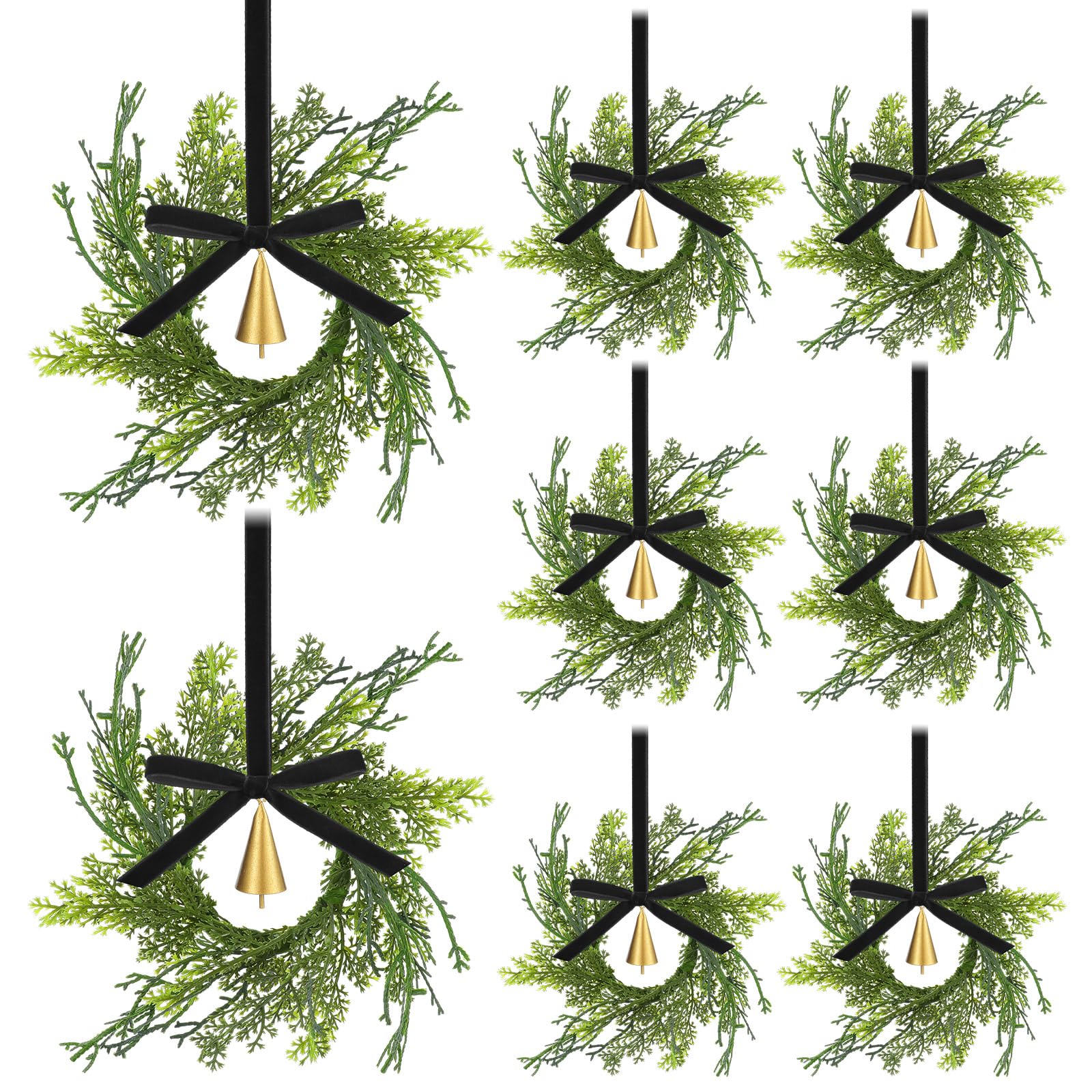 Photo 1 of ** Missing the bells and ribbons ** Knitgrip 12 Sets Mini Christmas Wreath for Cabinets 7.87 Inch Artificial Cypress Cedar Wreath with Vintage Cow Bells Ribbon for Xmas DIY Craft Kitchen Chair Window Fireplace Wall Decor(Black)