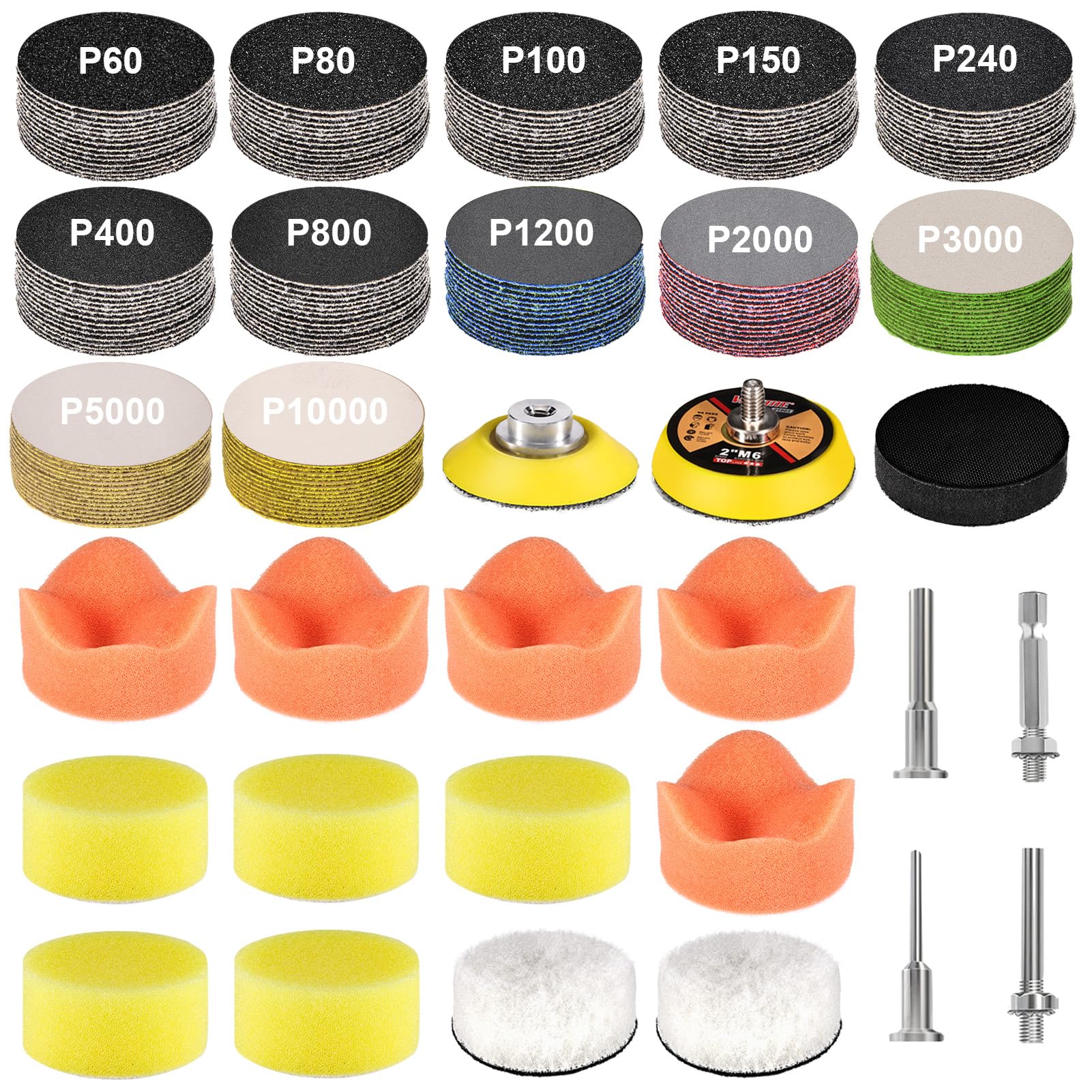 199 Pieces 2 Inch Sanding Discs, GOH DODD Hook and Loop Sanding Pads 60 to 10000 Grit Headlight Restoration Kit Wet Dry Sandpaper with 1/4” 1/8" Shank, Backing Pad, Polishing Pads and Interface Pad
