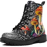 coolcustomize Womens Mushroom Floral Combat Boots - Witchcore Forest Goth Boots Chuncky Heel Vegan Leather Fashion Lace-Up Black Ankle Booties