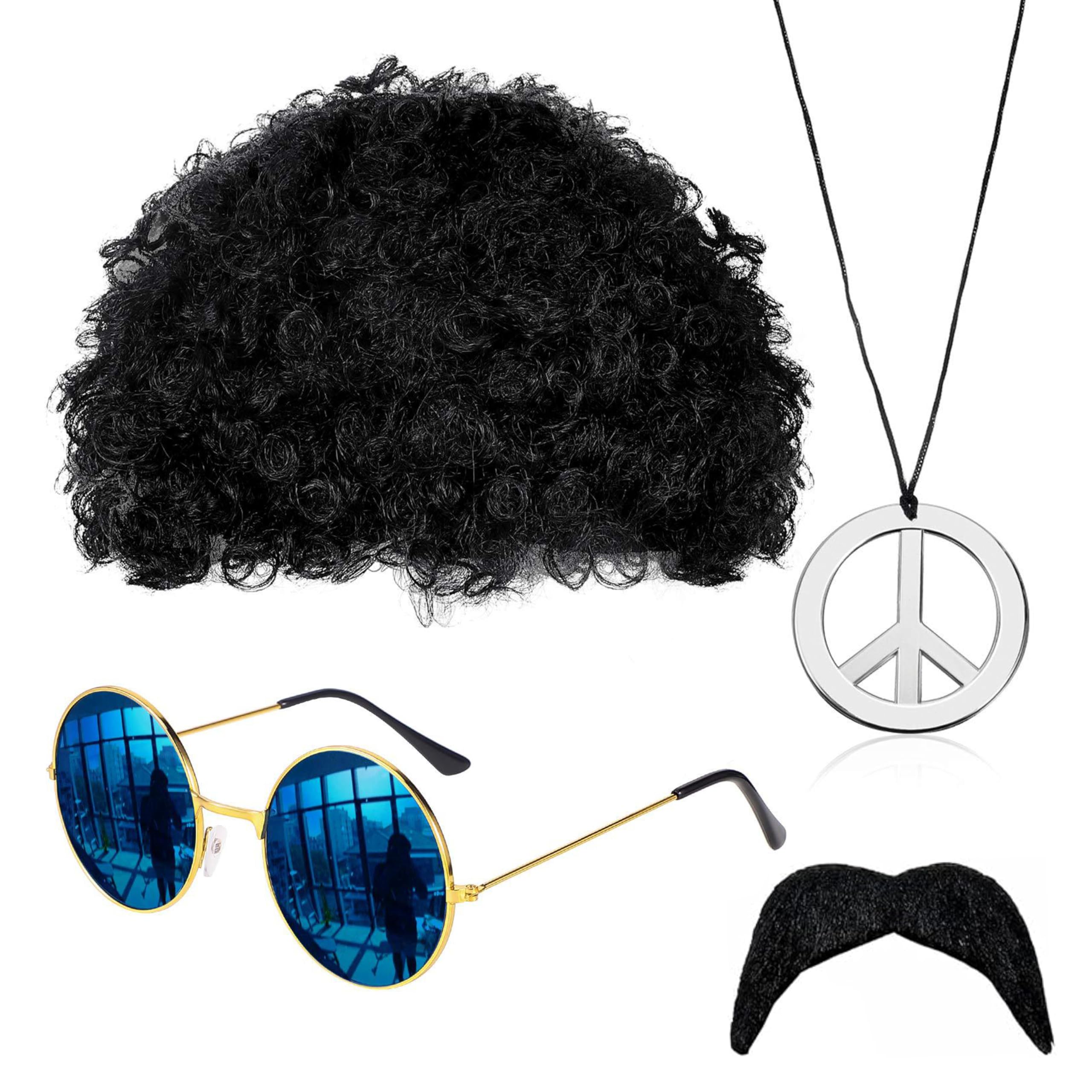 CATMEYE 70s Hippie Costume Set for Adults — Afro Wig, Round Sunglasses, Moustache & Peace Sign Necklace, Unisex Fancy Dress for 60s/70s Disco Party & Carnival (4 PCS)