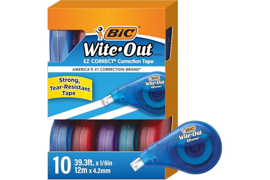 BIC Wite-Out EZ Correct Tear-Resistant Correction Tape with 39.3 ft of Tape, 10-Count Pack in White