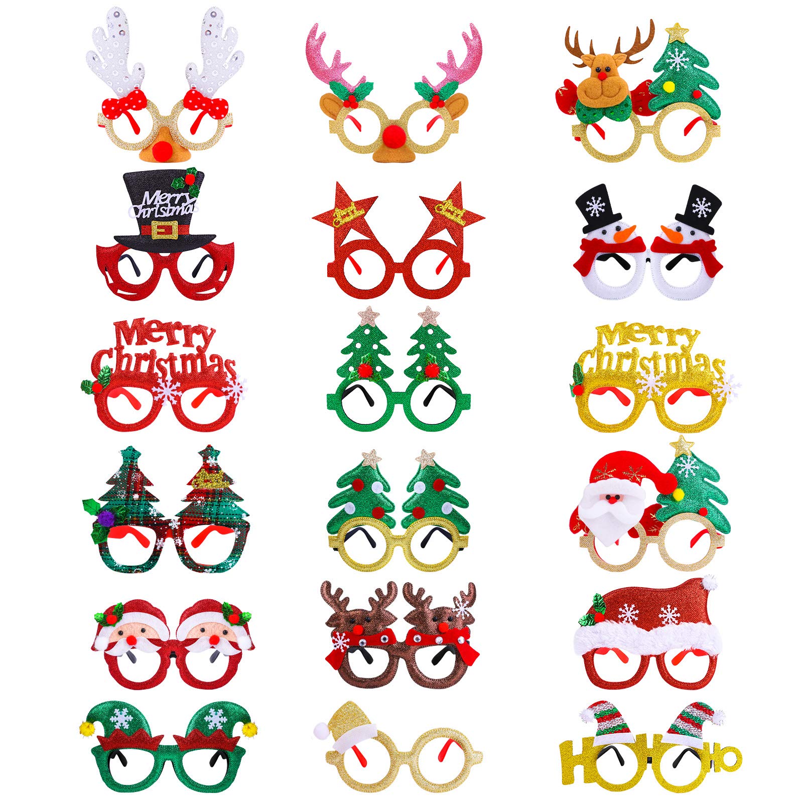 ANECO 18 Pack Christmas Decoration Glasses Glitter Xmas Eyeglass Frames Christmas Costume Glasses Decoration Colorful Funny Christmas Party Gifts Assorted Styles for Christmas Party Favors