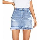 VIPONES Women Denim Skirt High Waist Raw Hem Stretch Ripped Casual Mini Jean Skirts