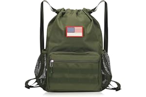 ATRIPACK Tactical Drawstring Backpack, Water-Resistant Swim Bag String Bag Sandproof Beach Backbag American Flag Cinch Sack Bookbag for Men Women Basketball,Swim, Gym, Sports（Green