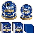 2025 Graduation Party Supplies Tableware Set - 200 Pcs Blue Gold Graduation Plates and Napkins Class of 2025 Disposable Dinnerware for College High School Congrats Grad Party Favors, Serve 50