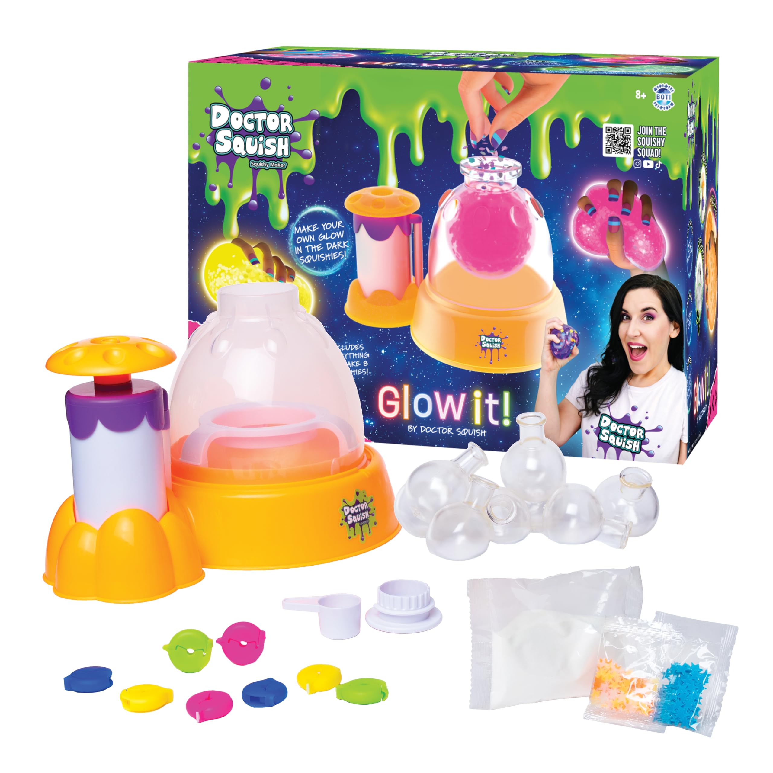 Doctor Squish Squishy Maker Station Neon | DIY Make Your Own Glow In The Dark Squishies Kit | All Inclusive With Glowing Sparkles & Slime Powder | Ages 8 & Up