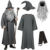 JPXH Adult Wizard Costume Set 5-Piece Gray Sorcerer Outfit for Halloween Costumes Cosplay