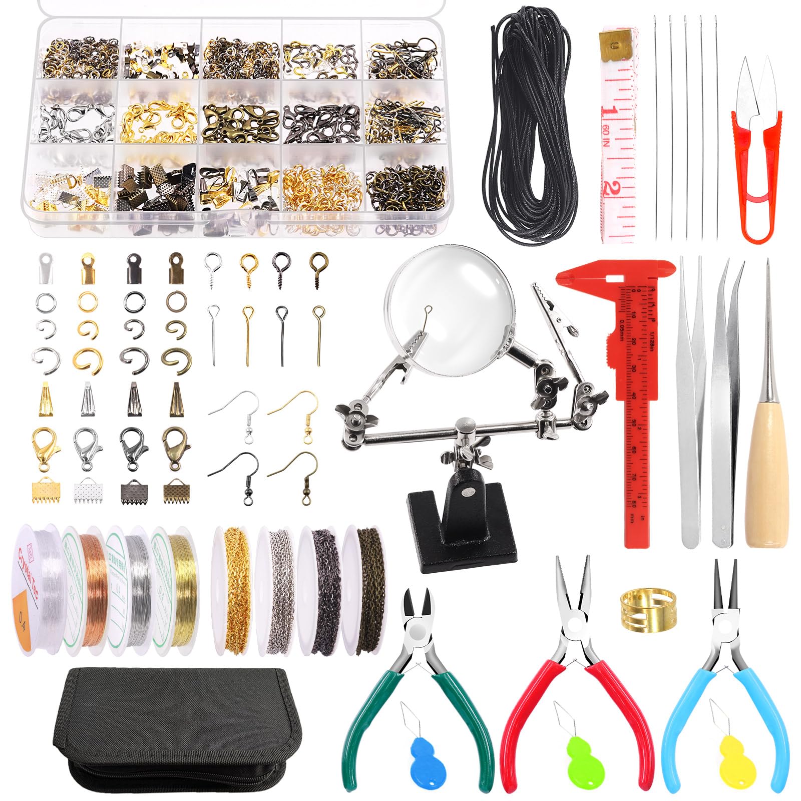 Keadic 1489Pcs Jewelry Making Tools Set: Findings, Pliers, Cord Ends, Jump Rings, Lobster Clasps, Beading Wire, Earring Hooks, Screw Eye Pins for Necklace & Earring Making