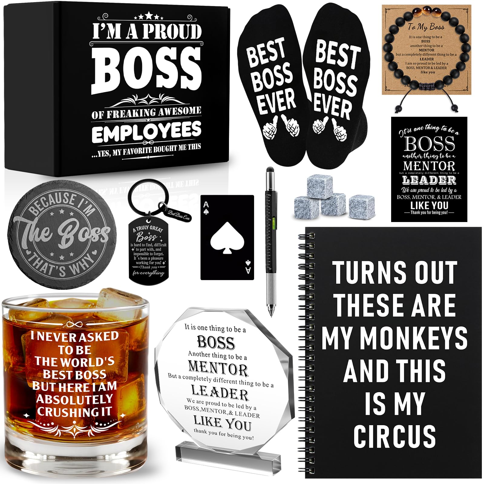 Photo 1 of 15 Pcs Boss Day Gifts for Men Whiskey Glass Set, Best Boss Ever Gifts with 11 Oz Whisky Glass Coaster Stones Socks Crystal Plaque Spiral Notebook Keychain, Bosses Inspirational Gift from Employees