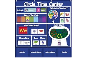 Auchq Circle Time Learning Center Pocket Chart, Heavy-Duty Kids Calendar for Classroom, Educational Pocket Chart Learning Calendar Weather Letter Counting Rhyme Color Shape (Blue)
