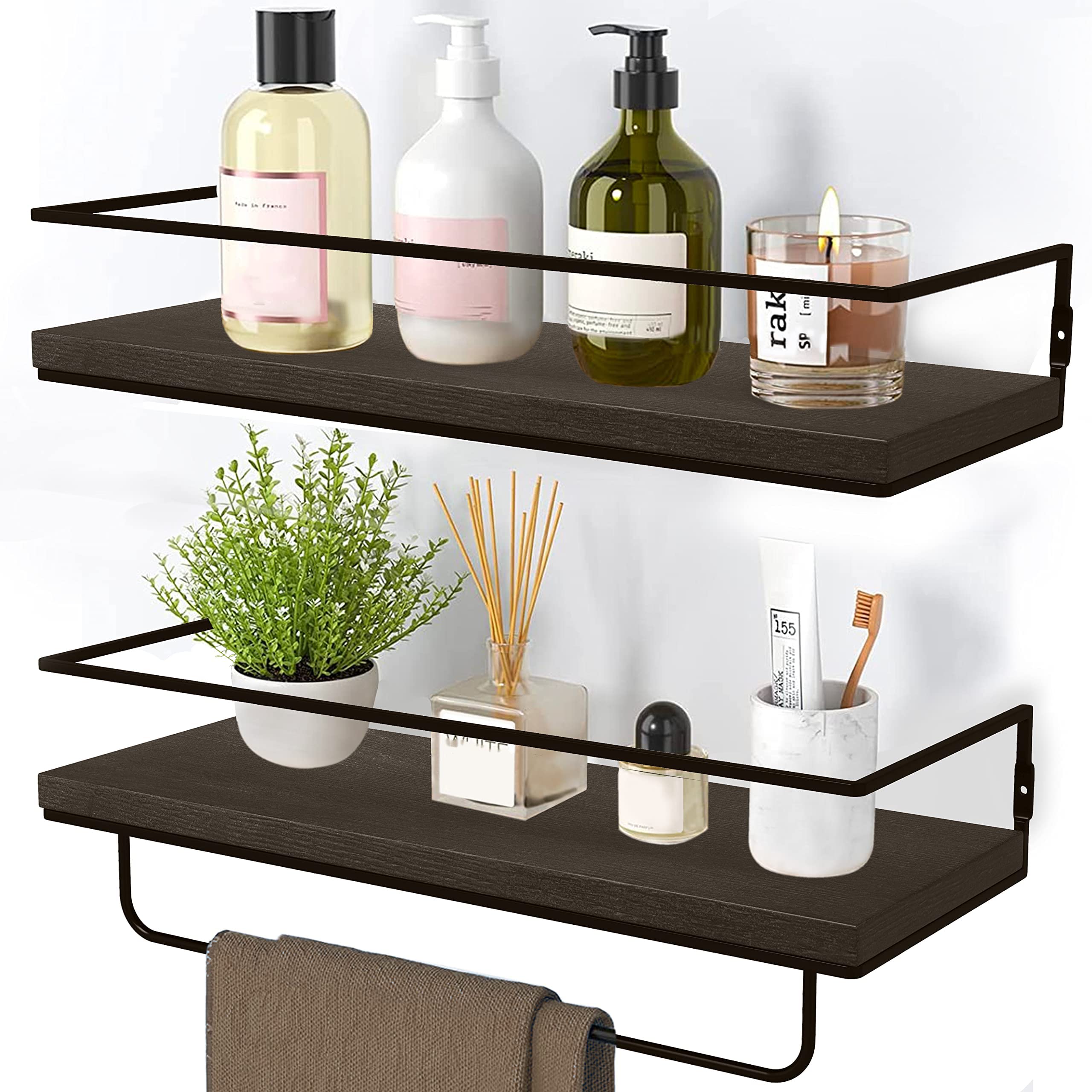 NUCAZA Brown Floating Shelves Wall Mounted Set of 2 With 18kg Weight Capacity, Hanging Wall shelves for Bedroom, Kitchen, Bathroom, Living Room, Home Office, Storage Organiser - Rustic Wood Shelf