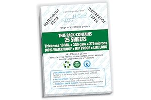 WATERPROOF PAPER | 25 SHEETS, THICKNESS 10 MIL LB, 225 LB, 275 MICRONS SYNTHETIC PAPER, 8.5X11 from HIGHH IMAGE | PRINT WITH LASER PRINTERS | Not for Inkjet Printers.
