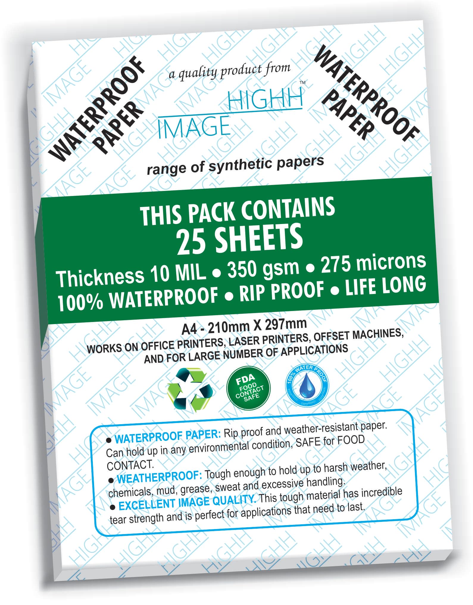 Waterproof Paper, Tear-Proof | 25 Sheets, Thickness 350 GSM, 225 LB, 275 MICRONS Synthetic Paper, A4 from HIGHH IMAGE | Print with Laser Printers