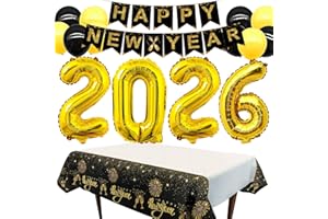 Joyesplay New Years Decorations Set with Happy New Year Banner Tablecloth 2026 Gold Decorative,Nye 2026 Party Supplies