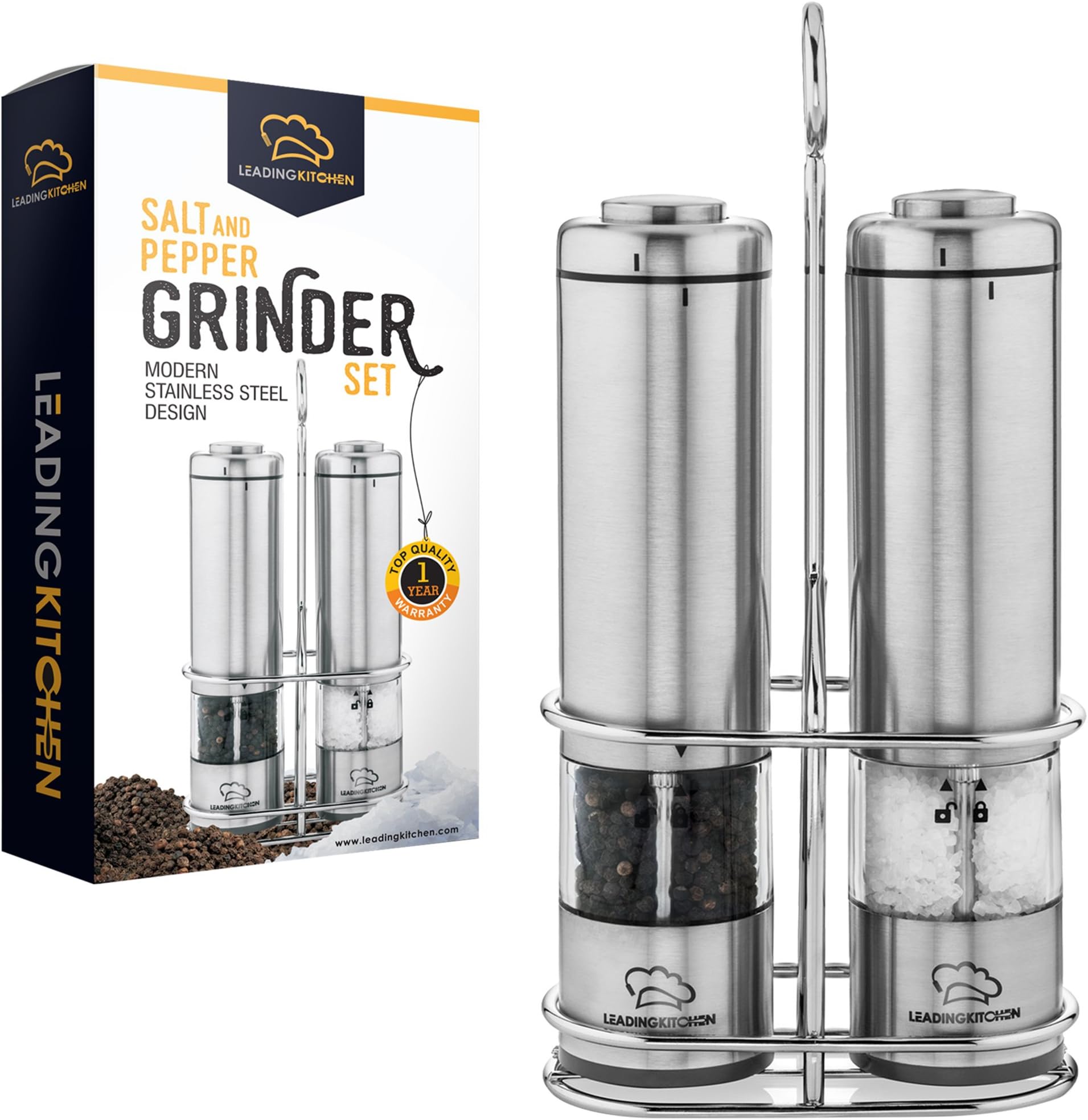 Salt and Pepper Grinder Set - Electric Shakers with Automatic Light Plus Ceramic Rotor and Stainless Steel Body - Adjustable from Coarse to Fine - One-Handed Operation - Stand Included
