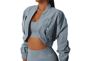 Kolagri Women's Cropped Windbreaker Long Sleeve Stand-up Neck Open Front Bomber Jacket Thin Workout Bolero Tops
