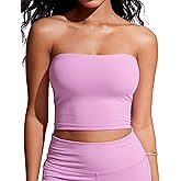 CRZ YOGA Longline Bandeau Bikini Tops for Women - Padded Strapless Adjustable Spaghetti Straps Swimsuit Bathing Crop Tankini